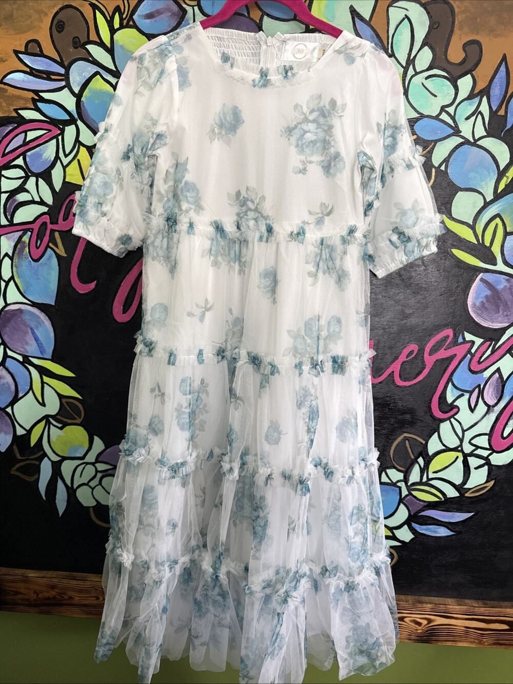 K+K Modest Bluebell Reverie Dress, White And Blue, Size 10/12